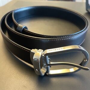 Montblanc silver horseshoe buckle black leather belt